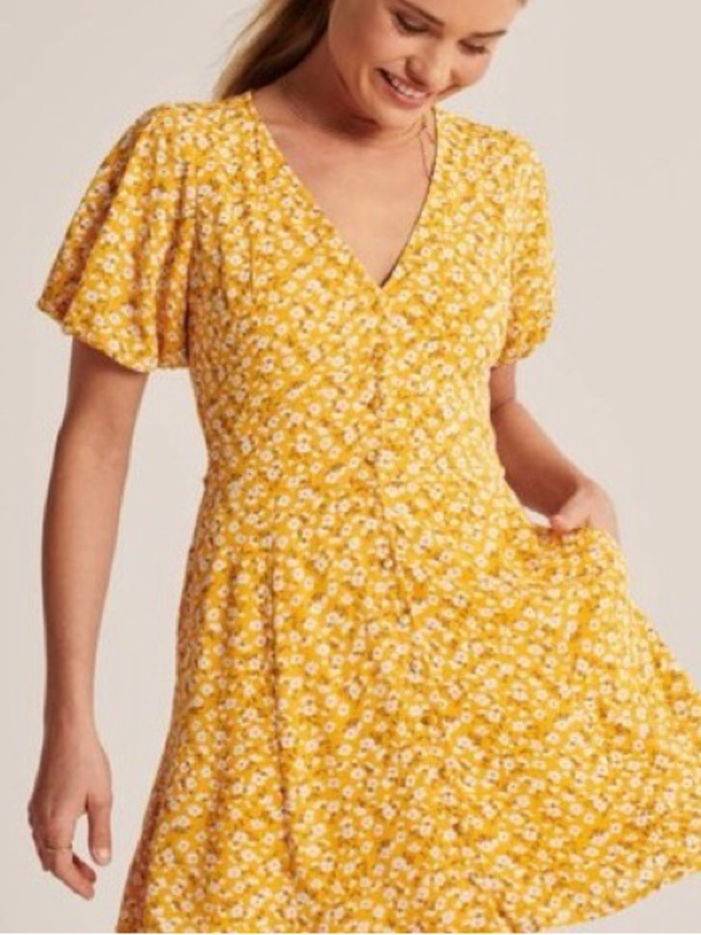 Abercrombie & Fitch Yellow Floral V-Neck Button Mini Dress